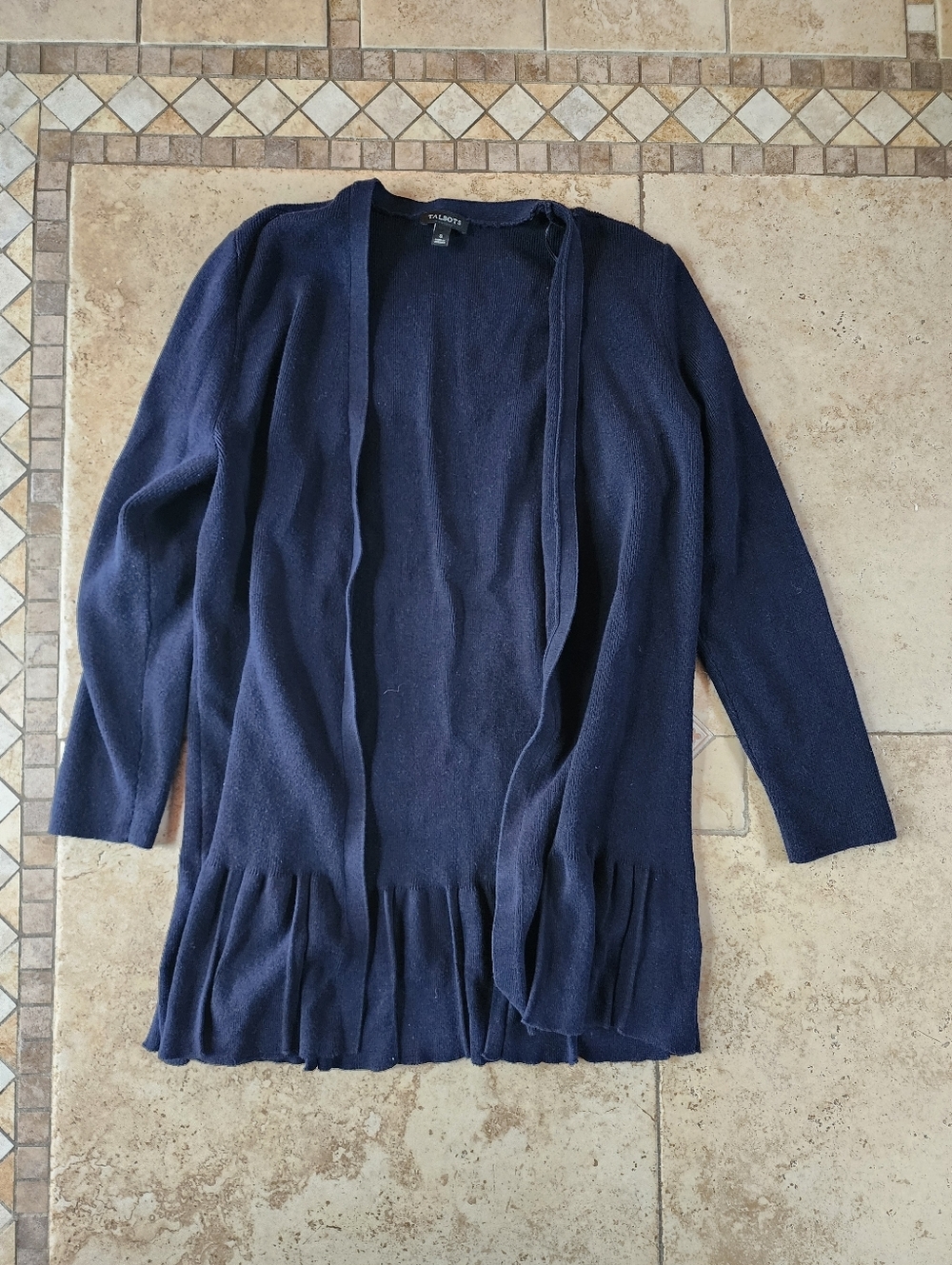 Talbots Navy Open-Front Ruffle-Hem Cardigan